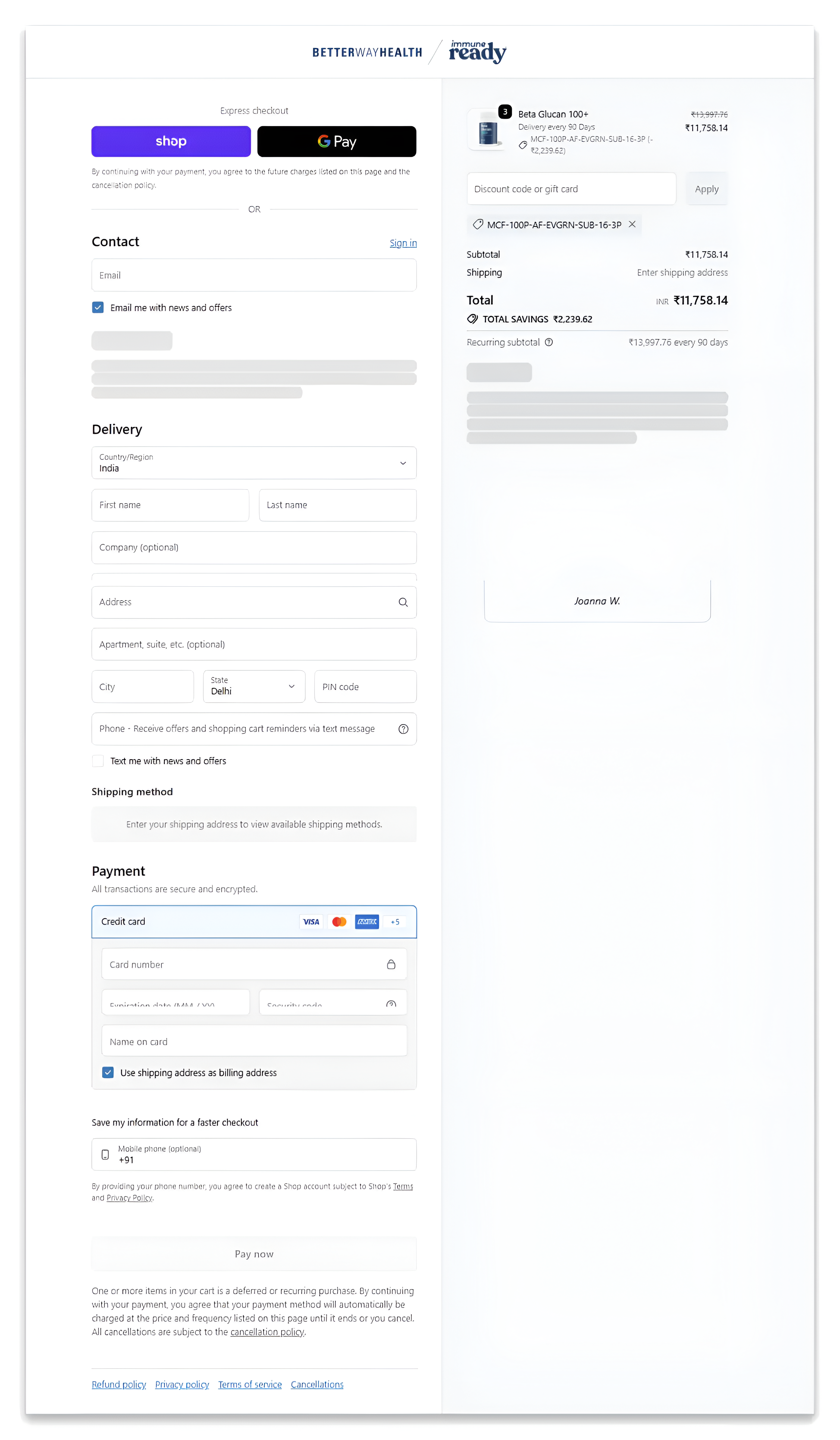 checkout page of BetterWayHealth Beta Glucan 100